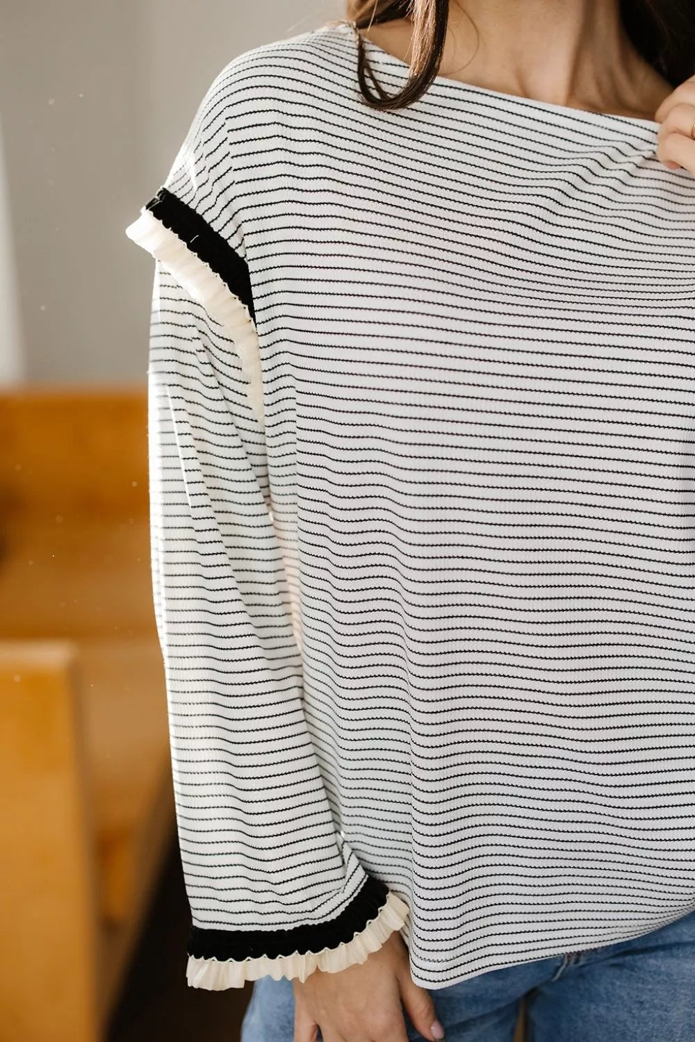 Stripe Contrasted Ruffle Trim Loose Long Sleeve Top in Stripe, back view
