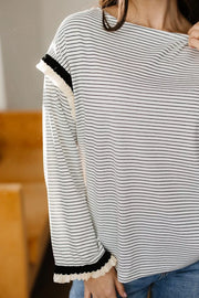 Stripe Contrasted Ruffle Trim Loose Long Sleeve Top in Stripe, back view
