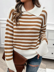 Wide collar stripe knit pullover sweater in caramel and white acrylic with a relaxed fit.