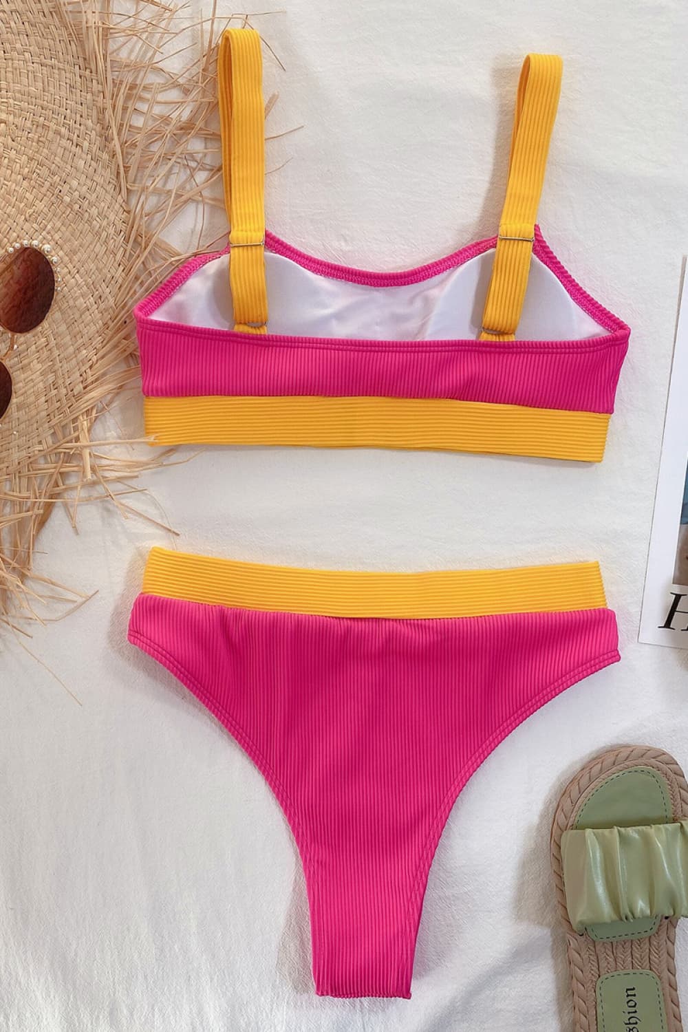 Ribbed high-waist bikini set in hot pink with yellow trim and straps.