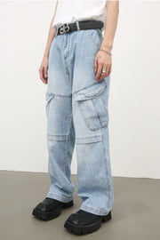 Baggy light wash denim cargo pants with utility pockets and a relaxed fit.