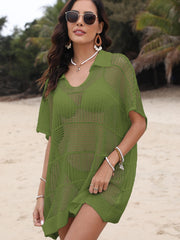 Moss open-knit polo beach dress with short sleeves and a V-neck, styled with a bikini.