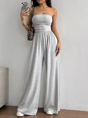 Light gray tube top wide-leg romper with elastic waist and relaxed fit pants