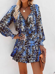 Blue leopard print tiered mini dress with ruffles and long sleeves