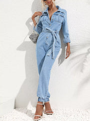 Button Front Belt Denim Jumpsuit, front view