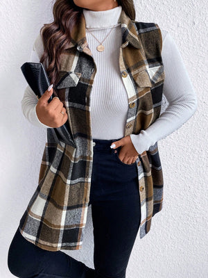 Oversized plaid shirt vest in brown, black, and white with button front and chest pockets.
