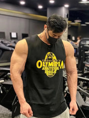 Black graphic muscle tank top with yellow Olympia Amateur Korea 2021 print