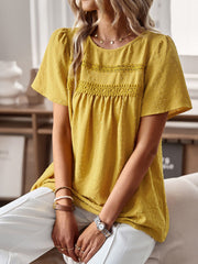 Yellow textured puff sleeve blouse with crochet yoke detail
