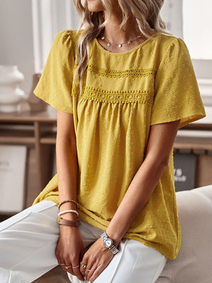Yellow textured puff sleeve blouse with crochet yoke detail
