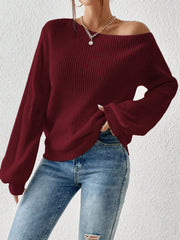 Burgundy ribbed knit off-shoulder top with balloon sleeves.