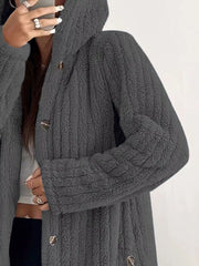 Cozy button-up fleece jacket in dark grey with visible buttons and a hooded neckline.