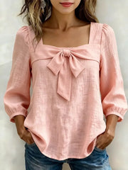 Full Size Bow Front Square Neck Blouse Plus in Yellow, front view