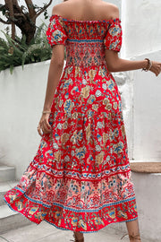 Red floral off-shoulder dress with smocked bodice and tiered skirt