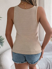 Khaki open-knit chevron tank top with a ribbed hem.