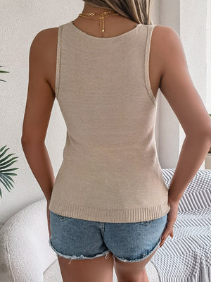 Khaki open-knit chevron tank top with a ribbed hem.