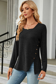 Black asymmetric square neck blouse with button detail on the side.
