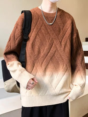 Men's brown and cream gradient knit sweater with lattice design and crew neck.