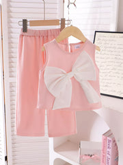 Children's Bow Tank And Pants Set in Pink, side view