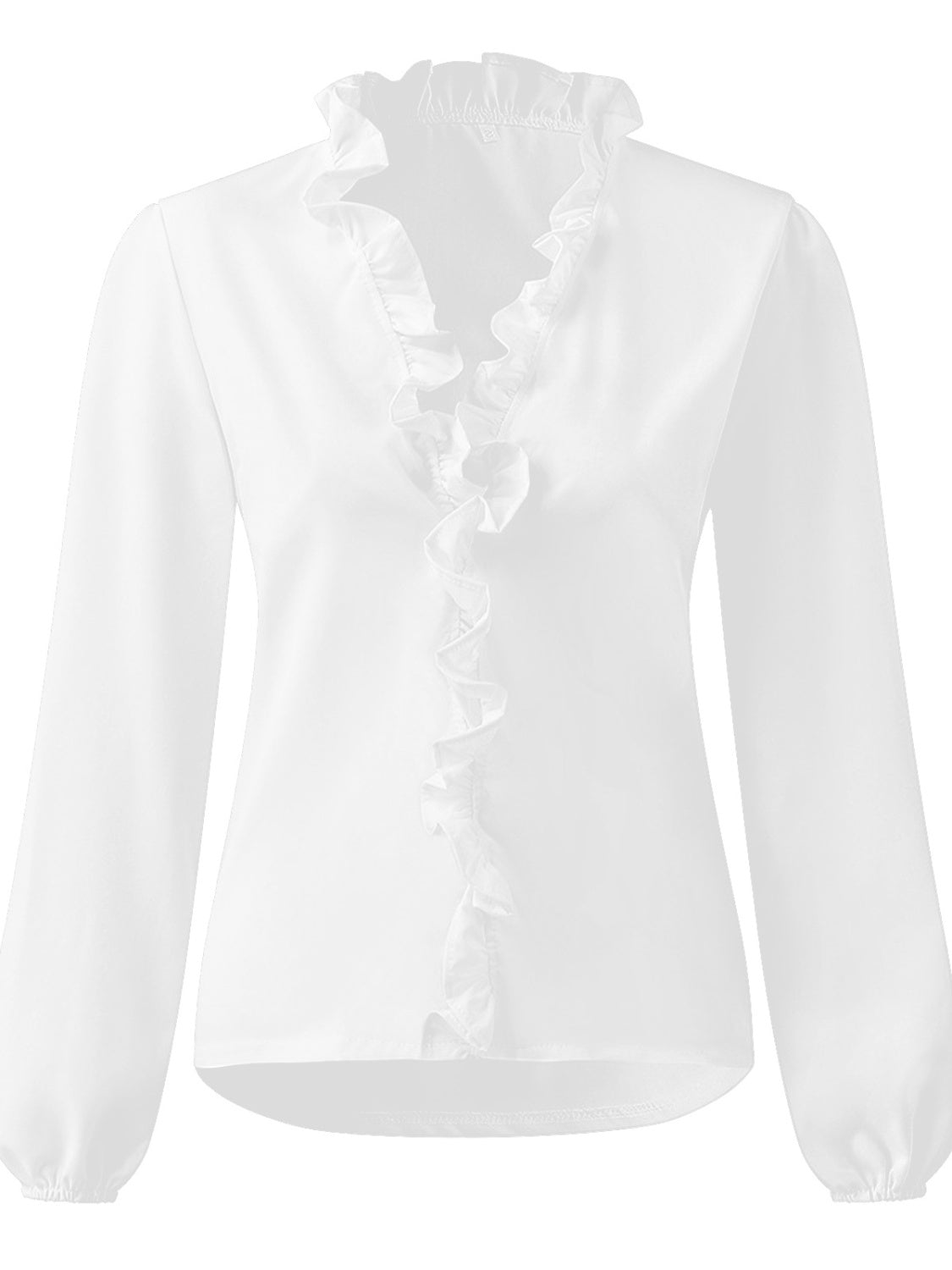White blouse with cascading ruffle front and balloon sleeves