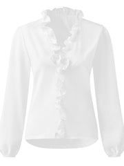 White blouse with cascading ruffle front and balloon sleeves