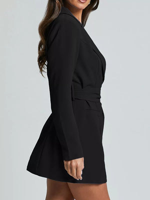 Black belted blazer dress with tie-waist detail and buttoned front.