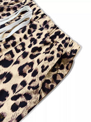 Tan leopard print plus size drawstring shorts with pockets
