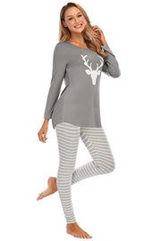 Charcoal reindeer graphic loungewear set with striped leggings