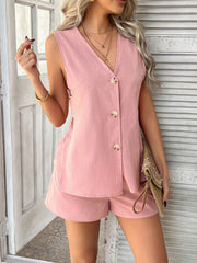 Dusty Pink linen vest and shorts set with button detail and side slits.