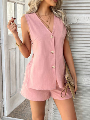 Dusty Pink linen vest and shorts set with button detail and side slits.