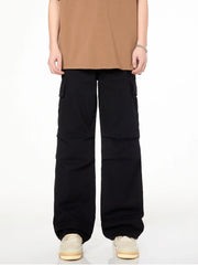 Men's black loose fit cargo pants with multiple pockets and a casual style.