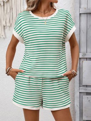 Green and white striped loungewear set with shorts and a short-sleeve top, featuring pockets.