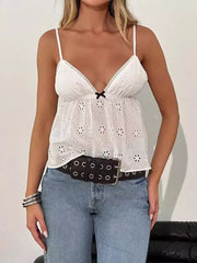 White eyelet lace cami with floral embroidery and bow detail, V-neck, adjustable straps
