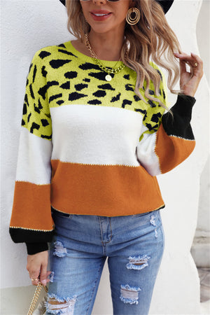 Leopard Patchwork Balloon Sleeve Knit sweater with colorblock design in yellow, white, and brown acrylic.
