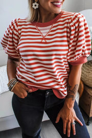 Bold Stripe Puff Sleeve T-shirt in red and white polyester with a crew neck and gathered sleeves.