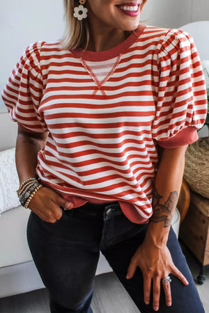 Bold Stripe Puff Sleeve T-shirt in red and white polyester with a crew neck and gathered sleeves.