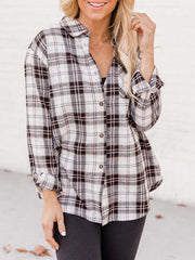 Relaxed fit plaid button-down shirt in white with black and pink plaid.
