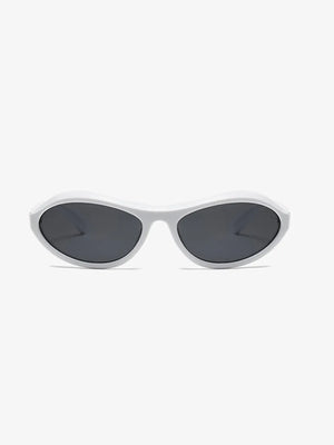 White sculpted oval lens sunglasses with dark lenses