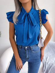 Cerulean ruffled sleeve pussybow blouse with tie neck detail
