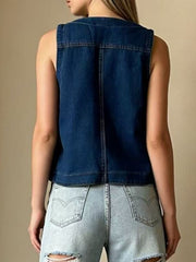 Dark blue denim button-down vest with brass buttons, cropped length