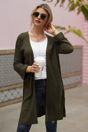 Army green textured open-front maxi knit cardigan with ribbed cuffs and hem