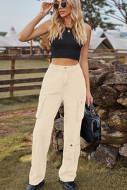 Relaxed wide leg cargo pants in tan denim with utility pockets.