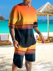 Men's two-piece set with crew neck tee and shorts in vibrant ombre sunset print.