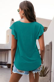 Turquoise ruffled sleeve tee with a scoop neck and curved hem.
