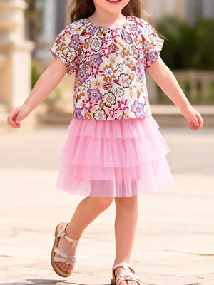 Girls' floral top with tiered pink tulle skirt set, cotton blend.