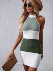 Colorblock halter knit mini dress in green and white with a ribbed texture.