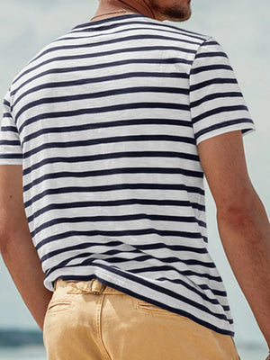 Men's Full Size Striped Pocket Short Sleeve T-shirt in Navy Blue, side view