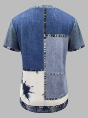 Denim patchwork short sleeve shirt with tie-dye detail.