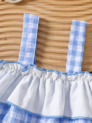 Baby gingham cami and shorts set with ruffled trim and shoulder straps.