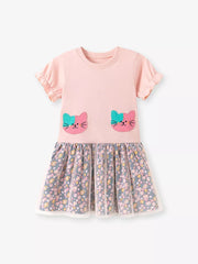 Pink toddler dress with cat embroidery and floral tulle skirt