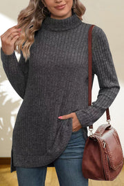 Charcoal ribbed knit turtleneck tunic top with side slits and a relaxed fit.